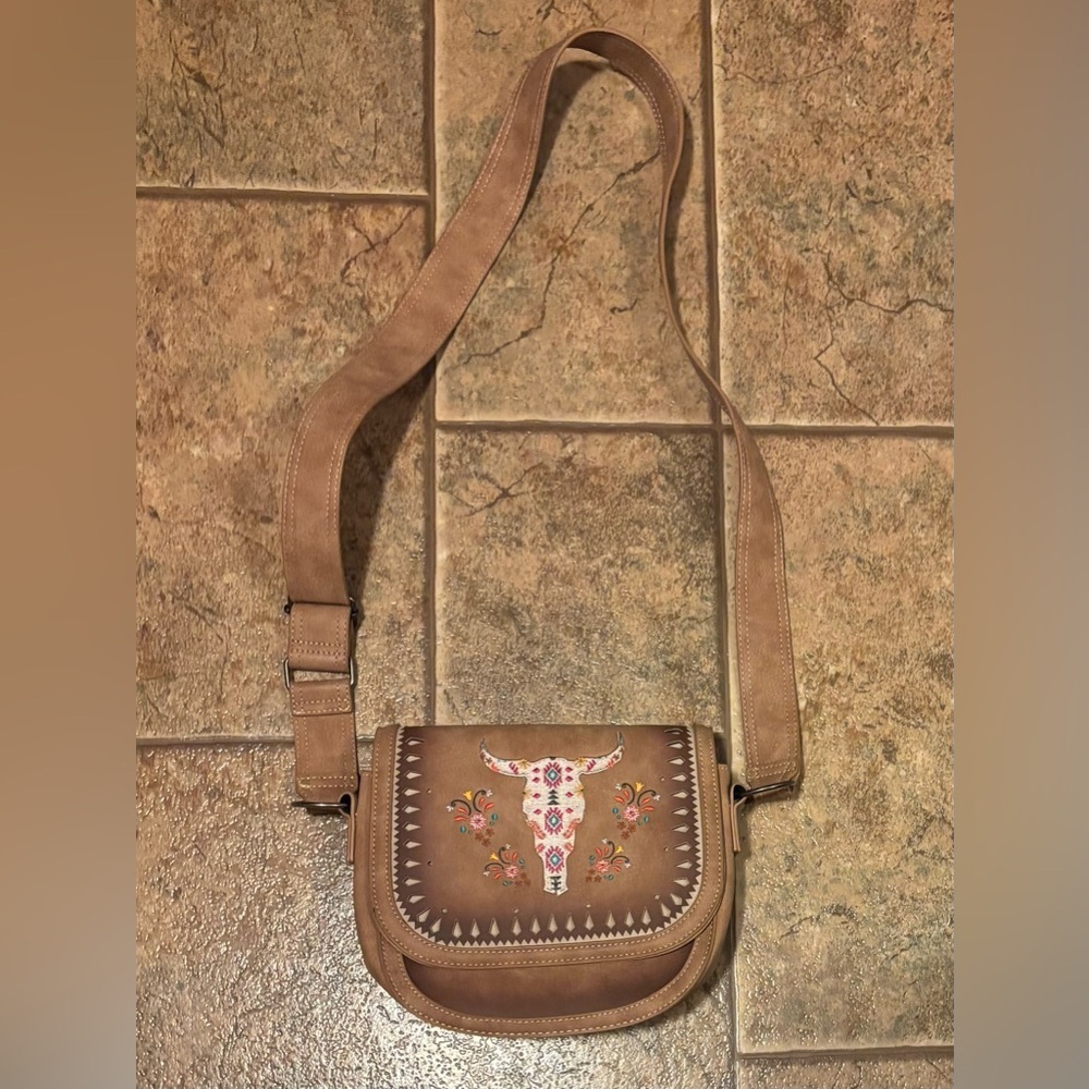 Catchfly Longhorn Skull Embroidered Crossbody Saddle Bag Purse